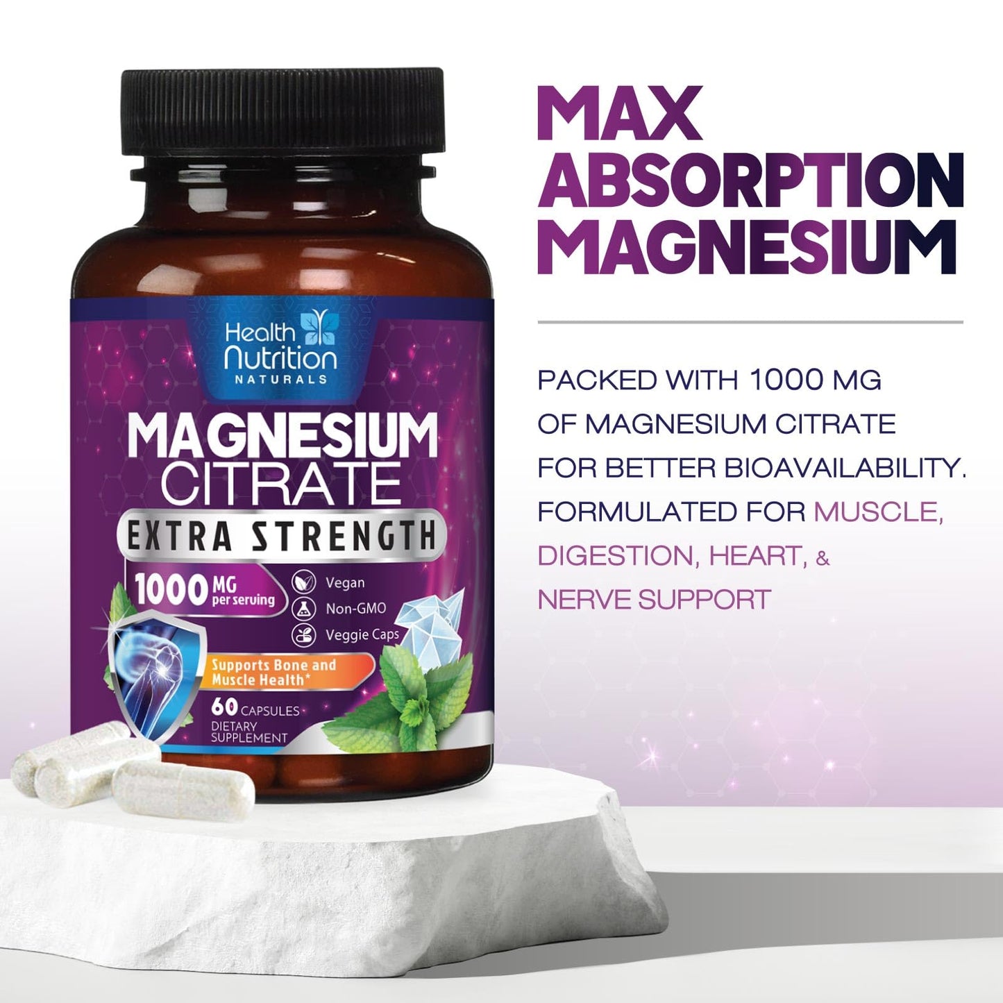 Magnesium Citrate Capsules 1000mg – High Absorption for Muscle, Nerve, Bone & Heart (60 Capsules)