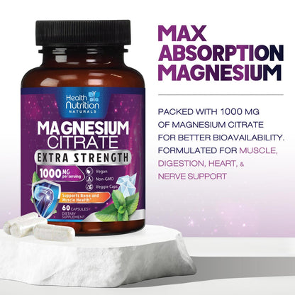 Magnesium Citrate Capsules 1000mg – High Absorption for Muscle, Nerve, Bone & Heart (60 Capsules)