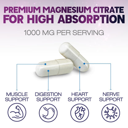 Magnesium Citrate Capsules 1000mg - High Absorption Magnesium for Muscle, Nerve, Bone & Heart Health | 240 Capsules