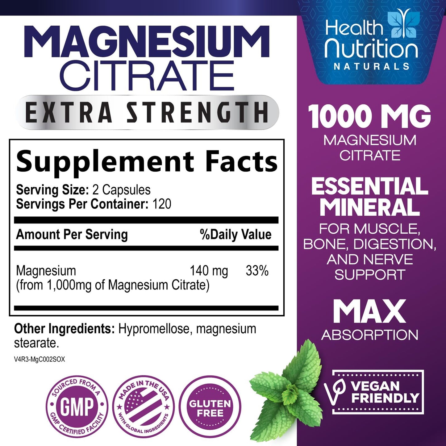 Magnesium Citrate Capsules 1000mg - High Absorption Magnesium for Muscle, Nerve, Bone & Heart Health | 240 Capsules