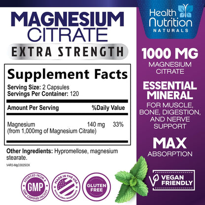 Magnesium Citrate Capsules 1000mg - High Absorption Magnesium for Muscle, Nerve, Bone & Heart Health | 240 Capsules