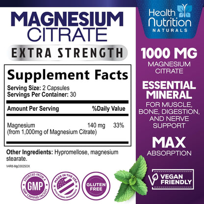 Magnesium Citrate Capsules 1000mg – High Absorption for Muscle, Nerve, Bone & Heart (60 Capsules)