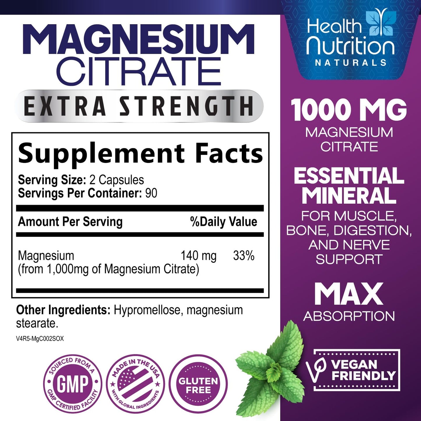 Magnesium Citrate Capsules 1000mg - High Absorption | 180 Caps
