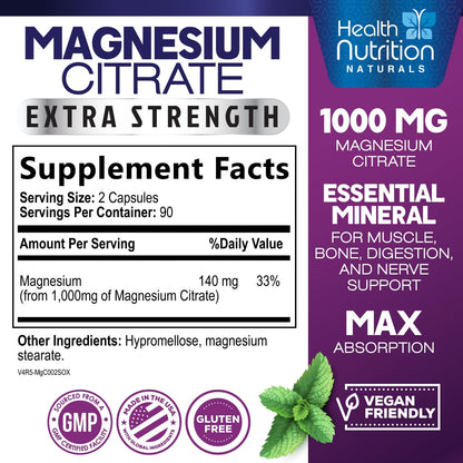 Magnesium Citrate Capsules 1000mg - High Absorption | 180 Caps