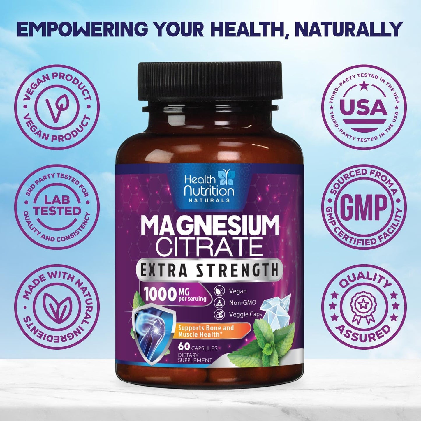 Magnesium Citrate Capsules 1000mg – High Absorption for Muscle, Nerve, Bone & Heart (60 Capsules)