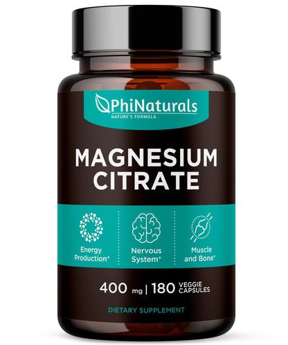 Magnesium Citrate Capsules 400 mg – 180 Veg Caps – Nervous System Support and Enzyme Function | PhiNaturals