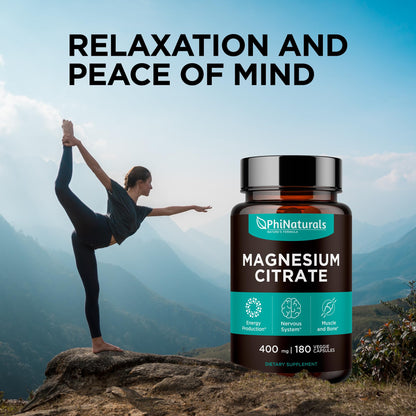 Magnesium Citrate Capsules 400 mg – 180 Veg Caps – Nervous System Support and Enzyme Function | PhiNaturals