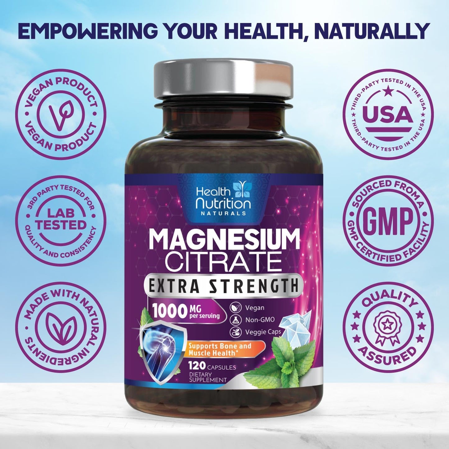 Magnesium Citrate Capsules 1000mg – Max Absorption for Muscle, Nerve, Bone & Heart Health | Gluten Free, Non-GMO | 120 Capsules