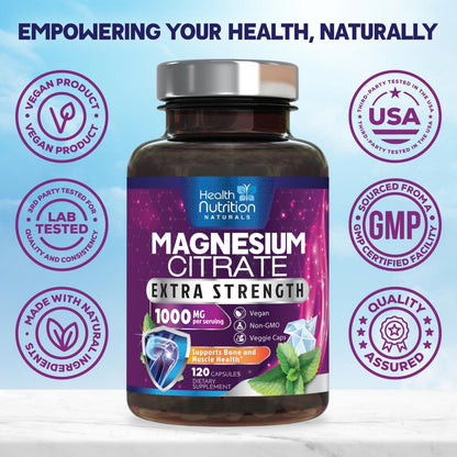 Magnesium Citrate Capsules 1000mg – Max Absorption for Muscle, Nerve, Bone & Heart Health | Gluten Free, Non-GMO | 120 Capsules
