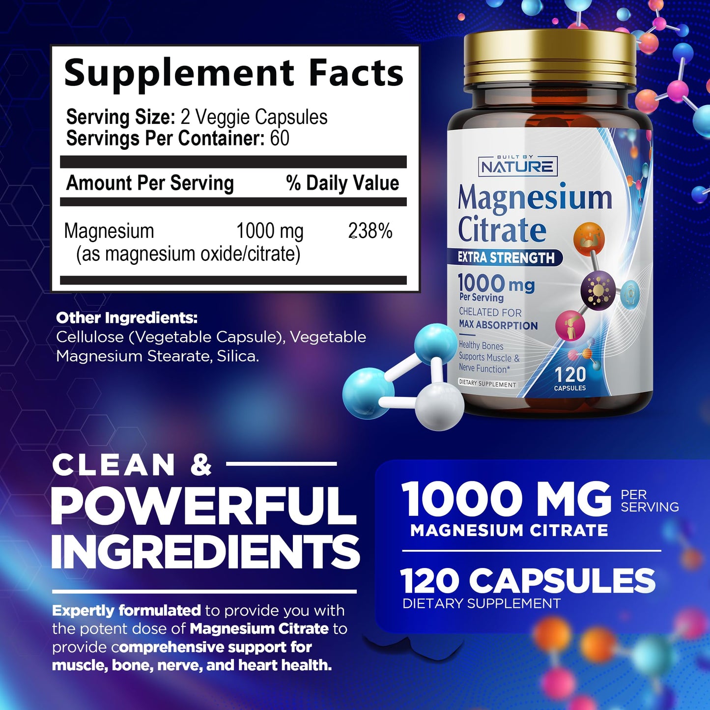 Magnesium Citrate 1000mg - High Absorption Magnesium Complex for Heart, Muscle, Nerve, Bone Health | Vegan, Non-GMO, Gluten-Free - 120 Capsules