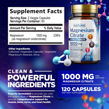 Magnesium Citrate 1000mg - High Absorption Magnesium Complex for Heart, Muscle, Nerve, Bone Health | Vegan, Non-GMO, Gluten-Free - 120 Capsules