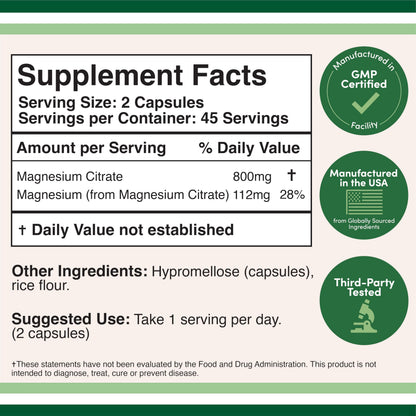 Magnesium Citrate 800mg - 90 Capsules | Digestive Support (Vegan)