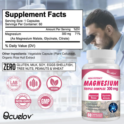 Triple Magnesium Complex 300mg – Glycinate, Malate & Citrate | 60 Caps | Vegan & Non-GMO