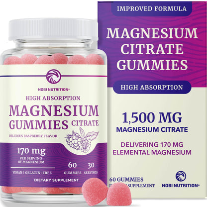 Magnesium Citrate Gummies – Extra Strength, Calm & Digestion | Vegan, Non-GMO | Raspberry 60 Ct