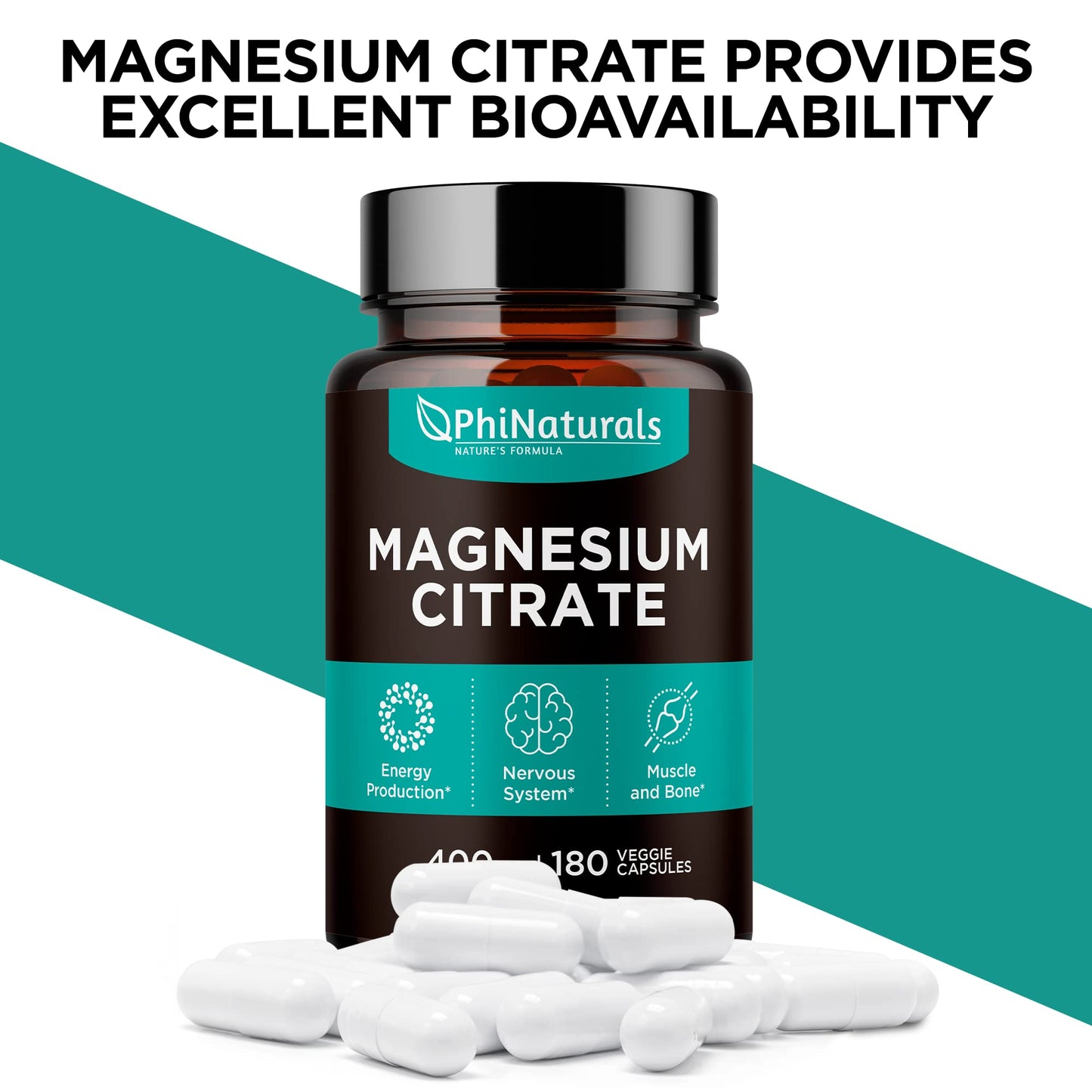 Magnesium Citrate Capsules 400 mg – 180 Veg Caps – Nervous System Support and Enzyme Function | PhiNaturals