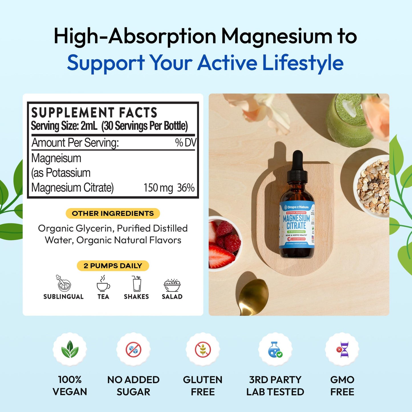 Magnesium Citrate Liquid – Bioavailable 150 mg Magnesium, Vegan (Mixed Berry, 60 mL)