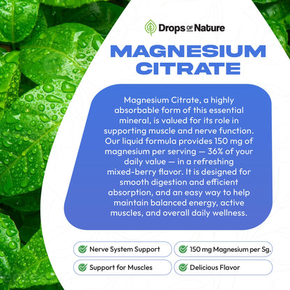 Magnesium Citrate Liquid – Bioavailable 150 mg Magnesium, Vegan (Mixed Berry, 60 mL)