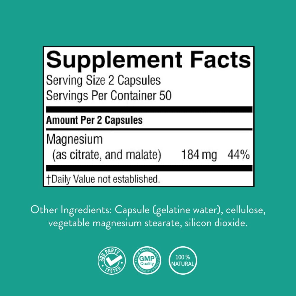 Nature’s Sunshine Magnesium Complex – High Potency Magnesium with Citrate & Malate | 50 Servings (100 Capsules)