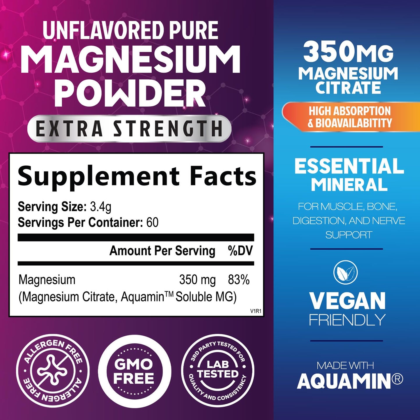 Magnesium Citrate Powder Drink Mix (60 Servings) - Aquamin Magnesium | Sugar Free, Gluten Free, Vegan