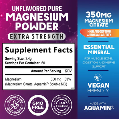 Magnesium Citrate Powder Drink Mix (60 Servings) - Aquamin Magnesium | Sugar Free, Gluten Free, Vegan