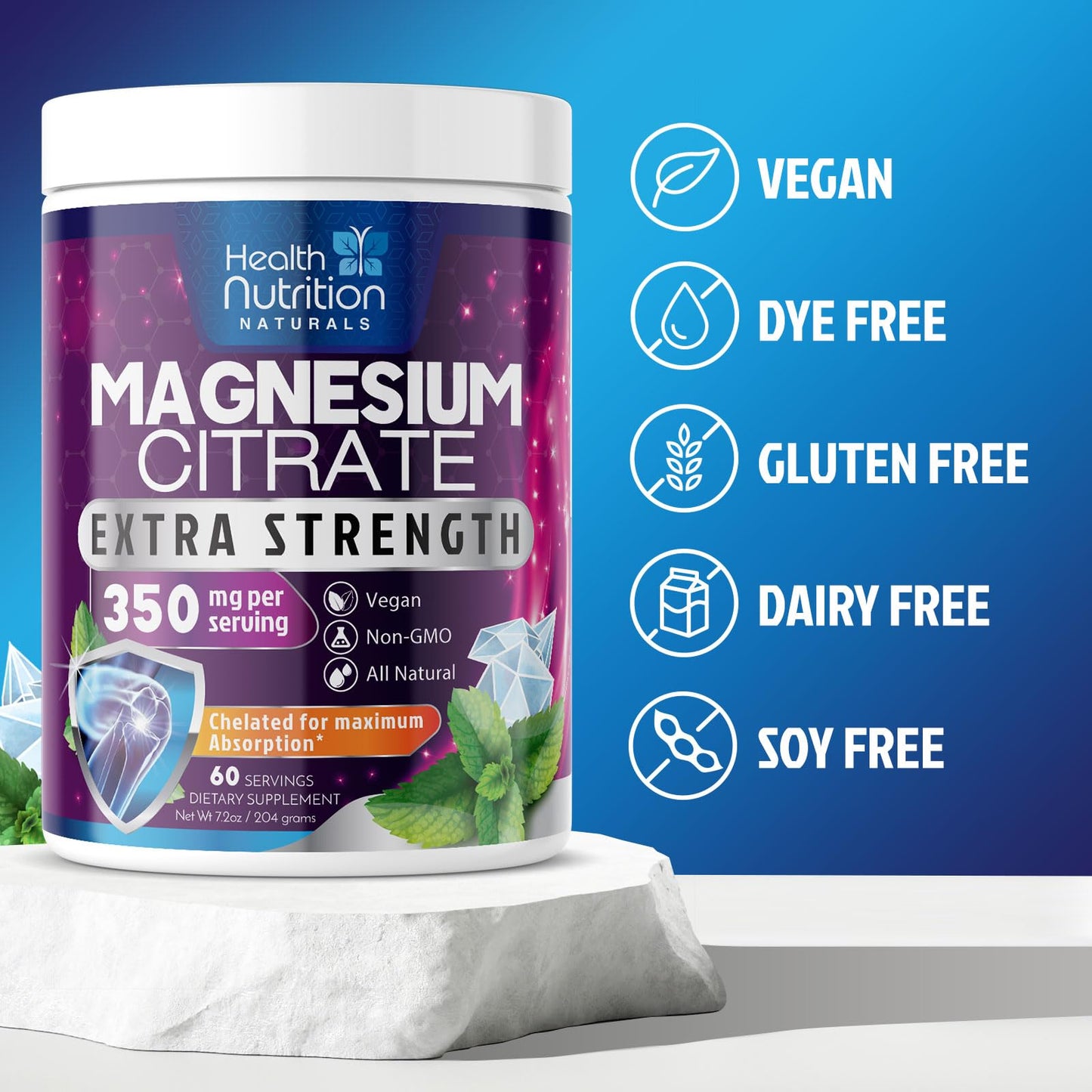 Magnesium Citrate Powder Drink Mix (60 Servings) - Aquamin Magnesium | Sugar Free, Gluten Free, Vegan