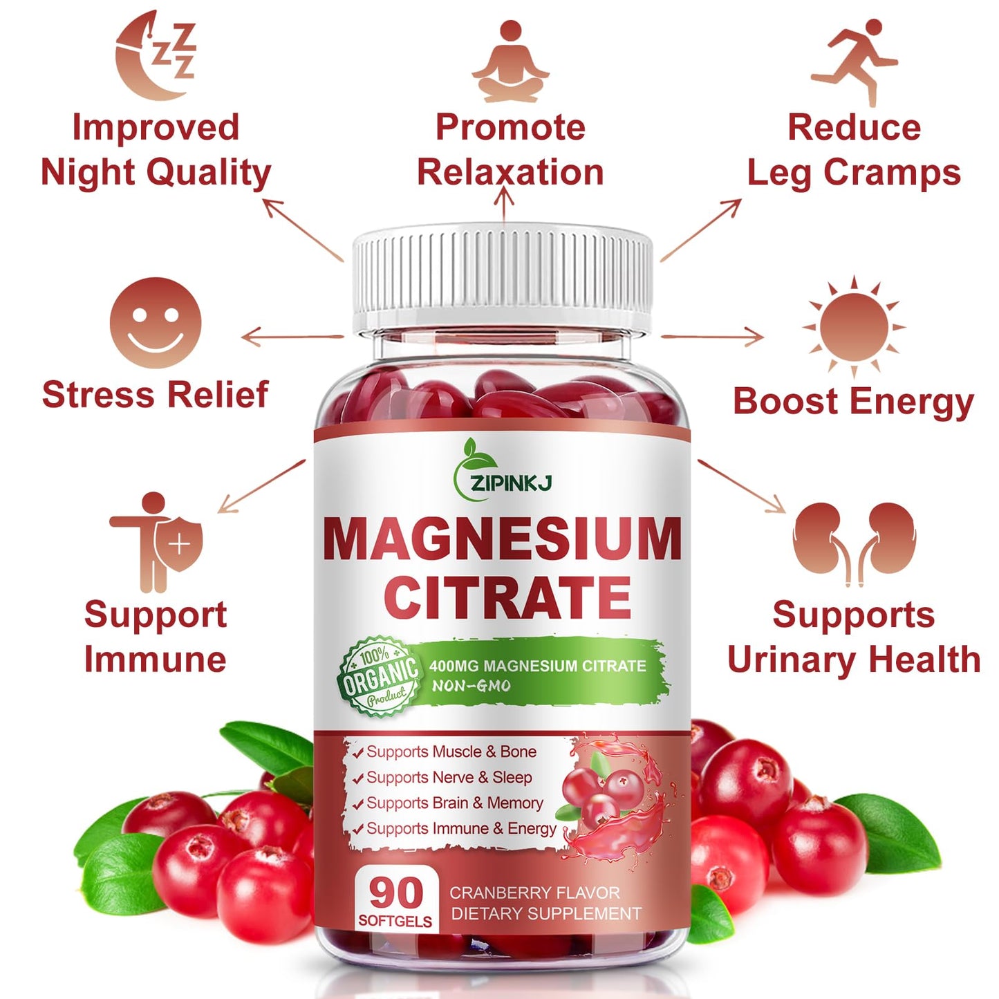 Magnesium Citrate 400mg with Vitamin D3, B6 & Cranberry – 180-Count, 90 Days Supply