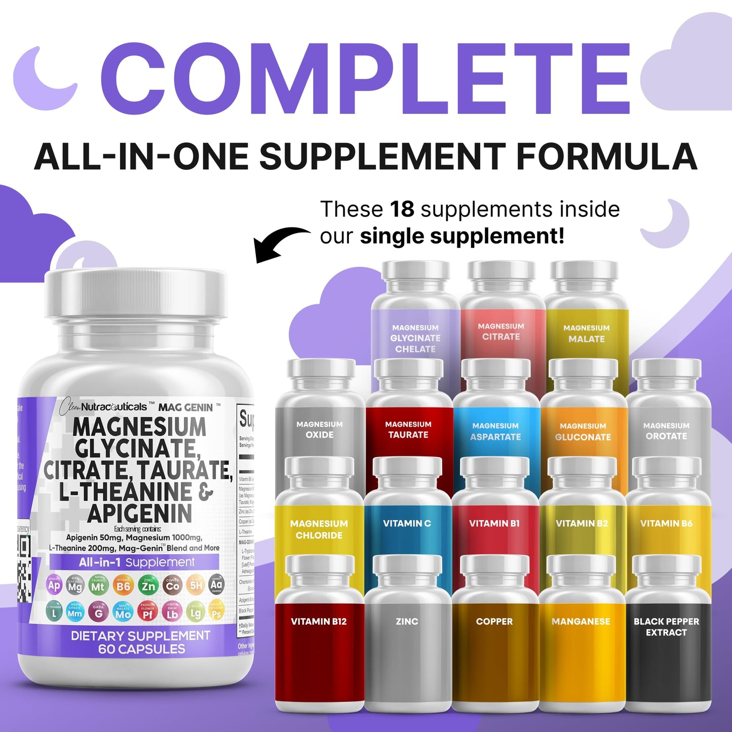 Magnesium Glycinate Complex 1000mg with L-Theanine & Apigenin – 60 Count | Clean Nutraceuticals