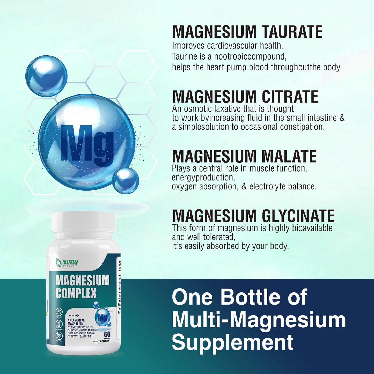 Magnesium Complex Supplement 500 mg – Glycinate, Citrate, Malate, Taurate + B6 | Bone, Heart, Muscle & Nervous System Support | 60 Capsules