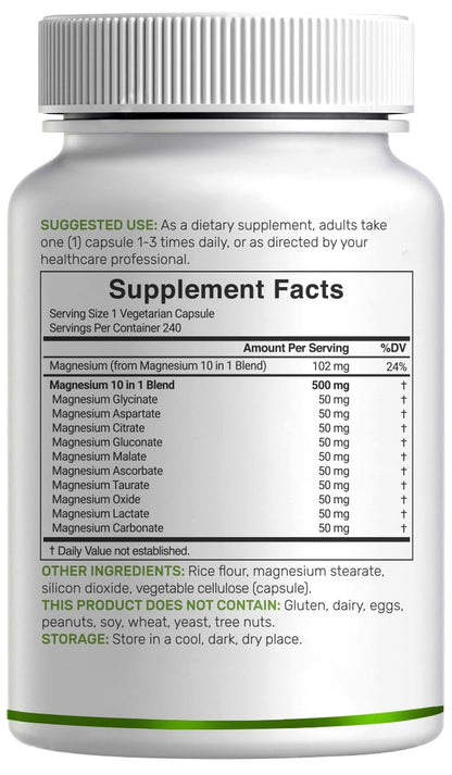 DEAL SUPPLEMENT Magnesium Complex 500mg – 480 Veggie Capsules | 10-in-1 Chelated Magnesium