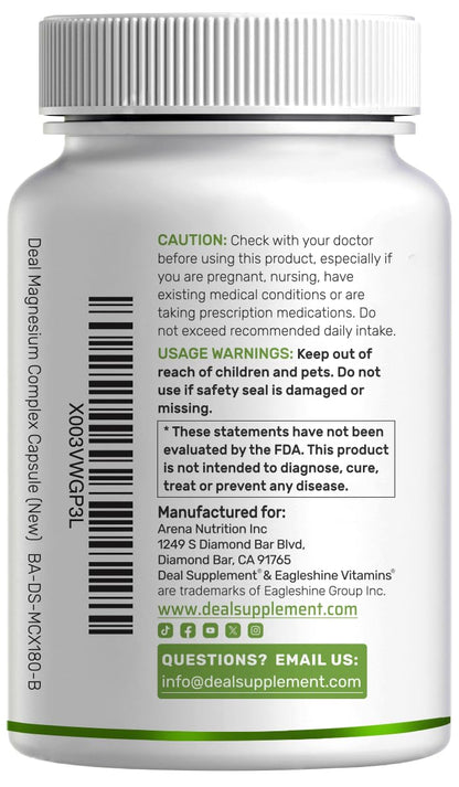 DEAL SUPPLEMENT Magnesium Complex 500mg – 480 Veggie Capsules | 10-in-1 Chelated Magnesium