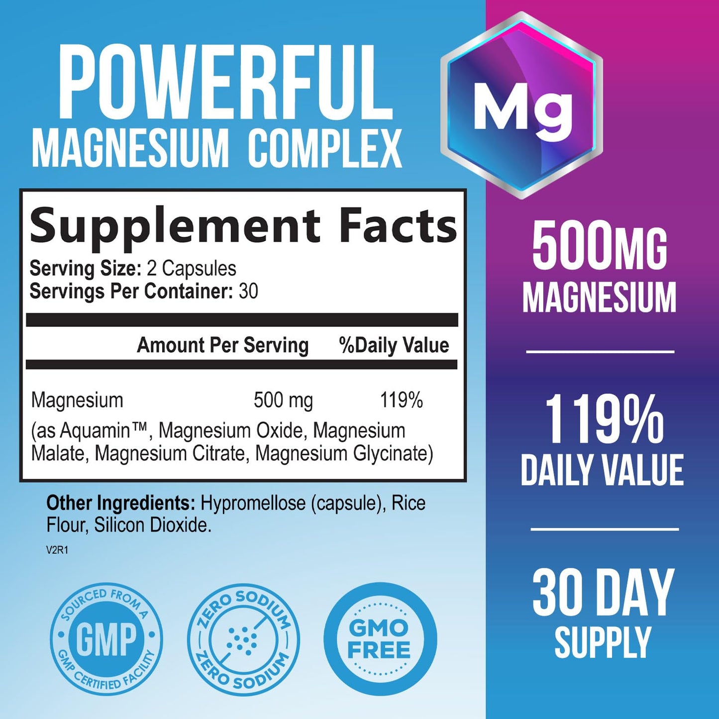 Magnesium Complex 500 mg – 5-in-1 High Absorption Chelated Magnesium Glycinate, Malate, Citrate, Oxide & Aquamin | Non-GMO, 60 Capsules