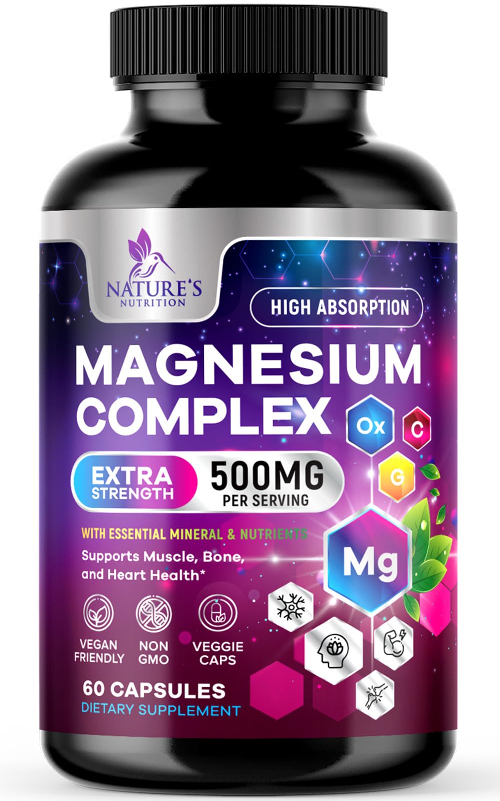 Magnesium Complex 500 mg – 5-in-1 High Absorption Chelated Magnesium Glycinate, Malate, Citrate, Oxide & Aquamin | Non-GMO, 60 Capsules
