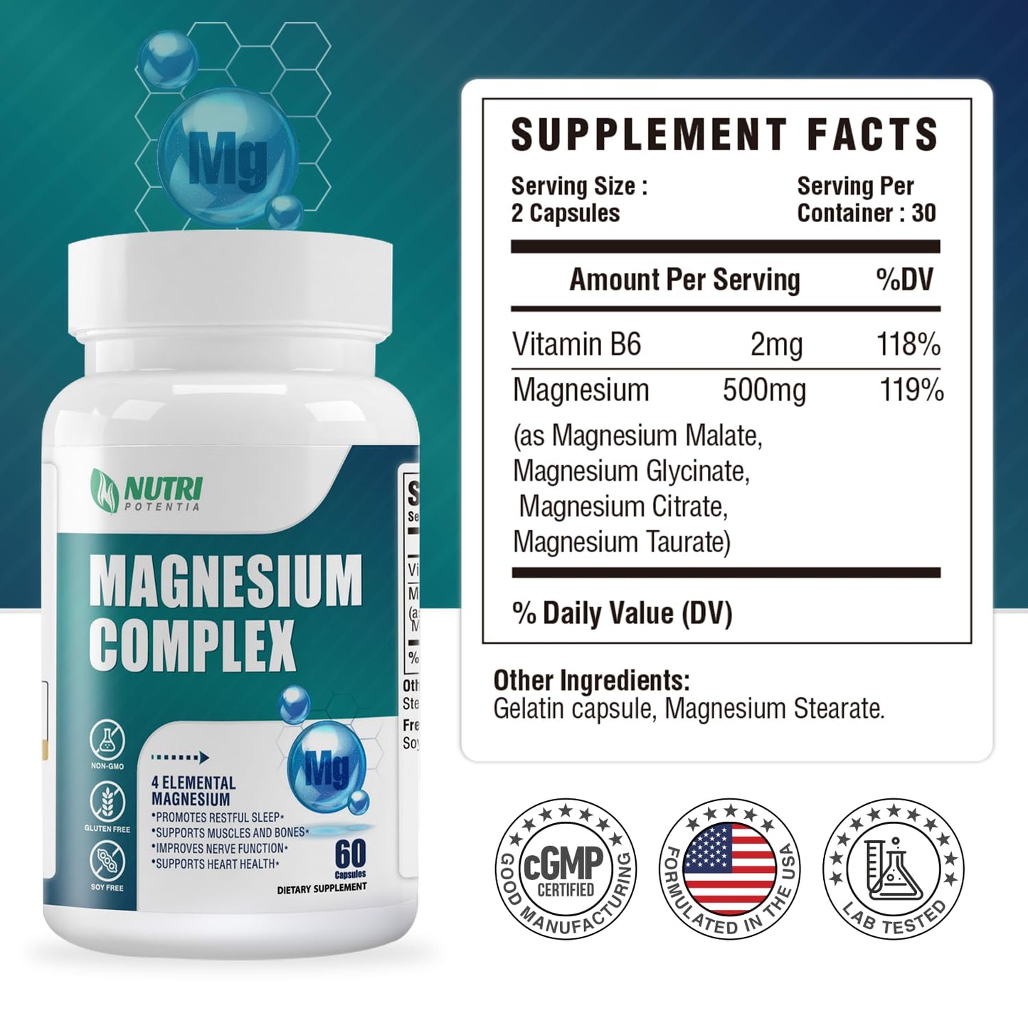 Magnesium Complex Supplement 500 mg – Glycinate, Citrate, Malate, Taurate + B6 | Bone, Heart, Muscle & Nervous System Support | 60 Capsules