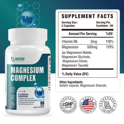 Magnesium Complex Supplement 500 mg – Glycinate, Citrate, Malate, Taurate + B6 | Bone, Heart, Muscle & Nervous System Support | 60 Capsules