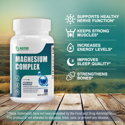 Magnesium Complex Supplement 500 mg – Glycinate, Citrate, Malate, Taurate + B6 | Bone, Heart, Muscle & Nervous System Support | 60 Capsules