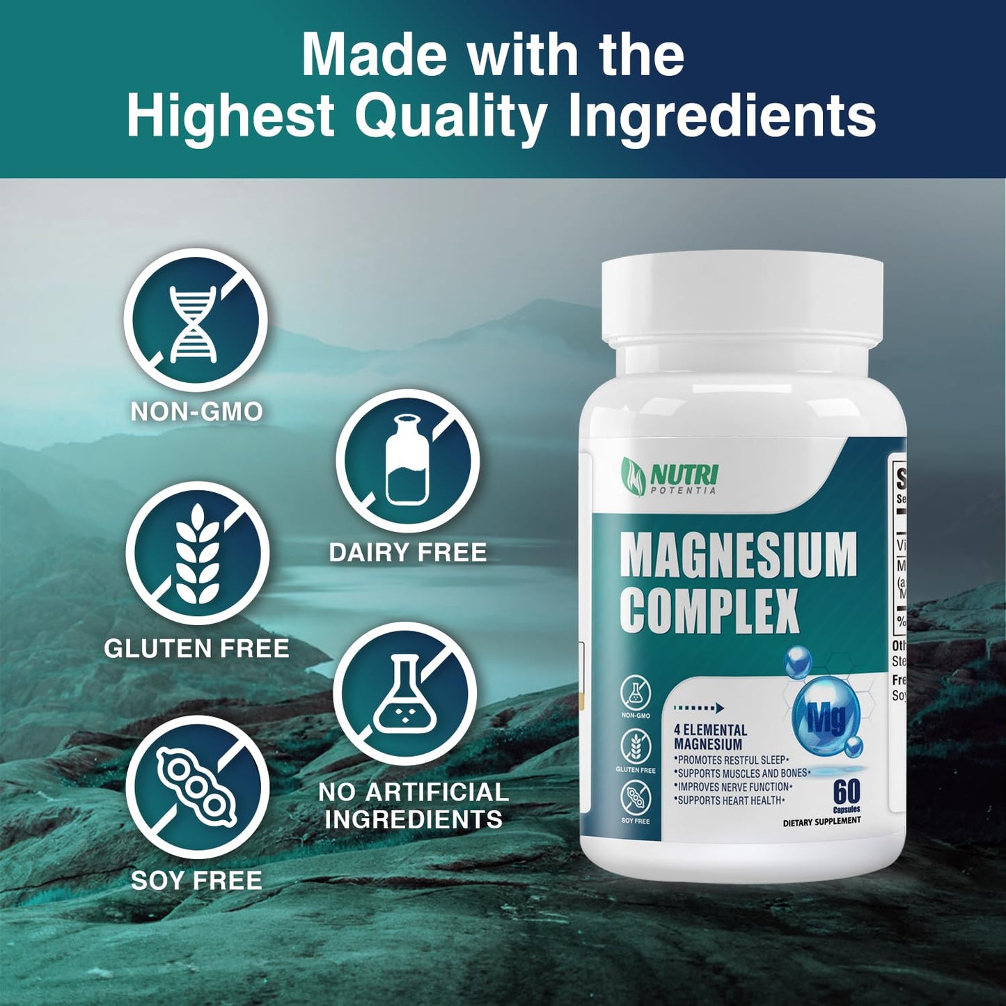 Magnesium Complex Supplement 500 mg – Glycinate, Citrate, Malate, Taurate + B6 | Bone, Heart, Muscle & Nervous System Support | 60 Capsules