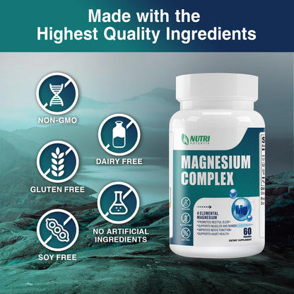 Magnesium Complex Supplement 500 mg – Glycinate, Citrate, Malate, Taurate + B6 | Bone, Heart, Muscle & Nervous System Support | 60 Capsules