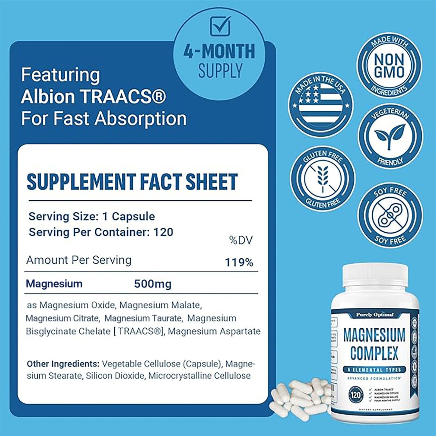 Purely Optimal Magnesium Complex — 6 Forms (Glycinate, Citrate & Malate) | Sleep, Stress & Muscle Support | 120 Caps
