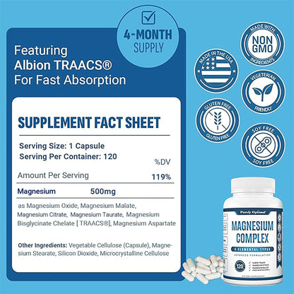 Purely Optimal Magnesium Complex — 6 Forms (Glycinate, Citrate & Malate) | Sleep, Stress & Muscle Support | 120 Caps