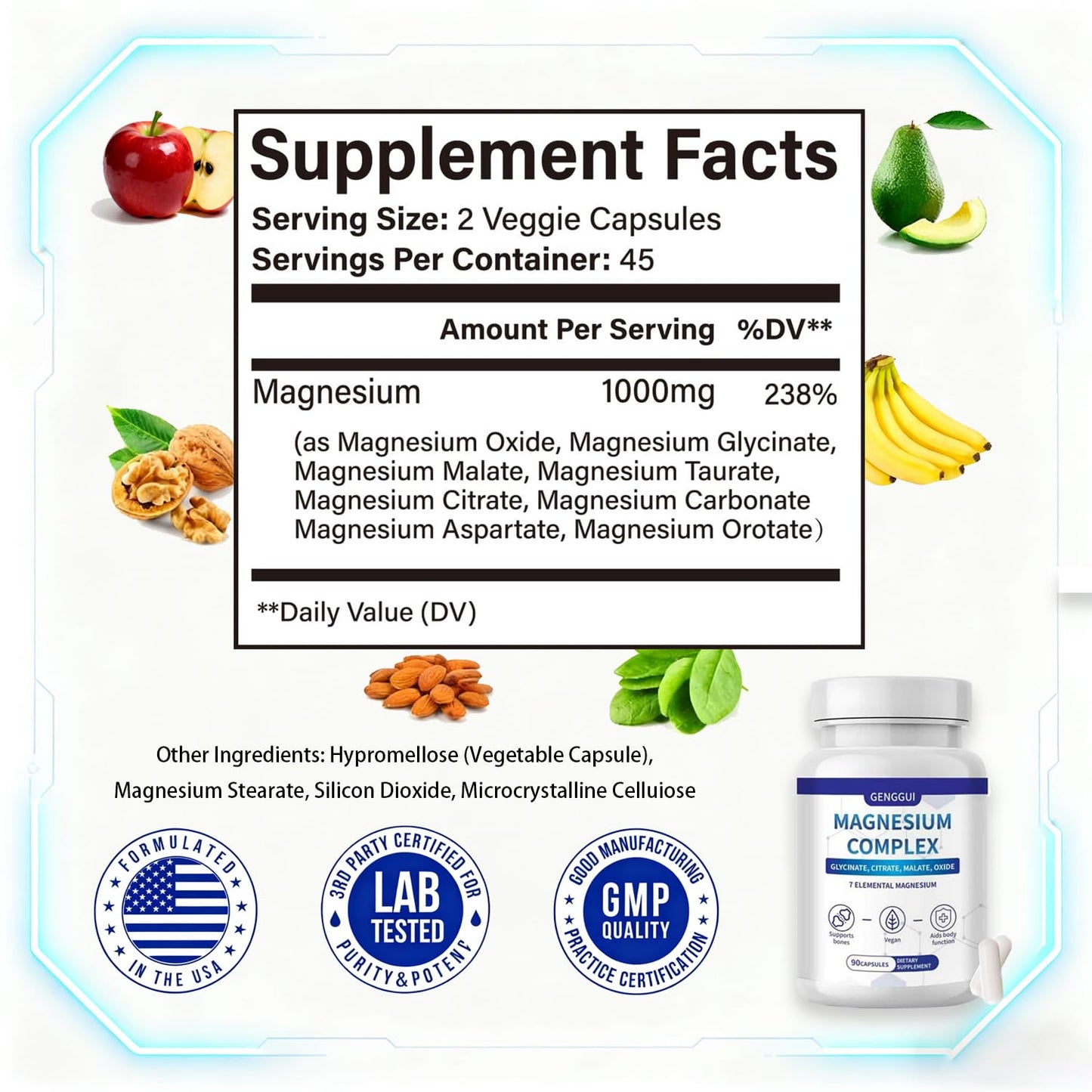 Magnesium Complex 7-Elemental – 1000mg Glycinate, Citrate & Malate | 90 Vegan Capsules