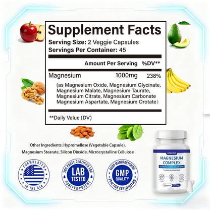 Magnesium Complex 7-Elemental – 1000mg Glycinate, Citrate & Malate | 90 Vegan Capsules