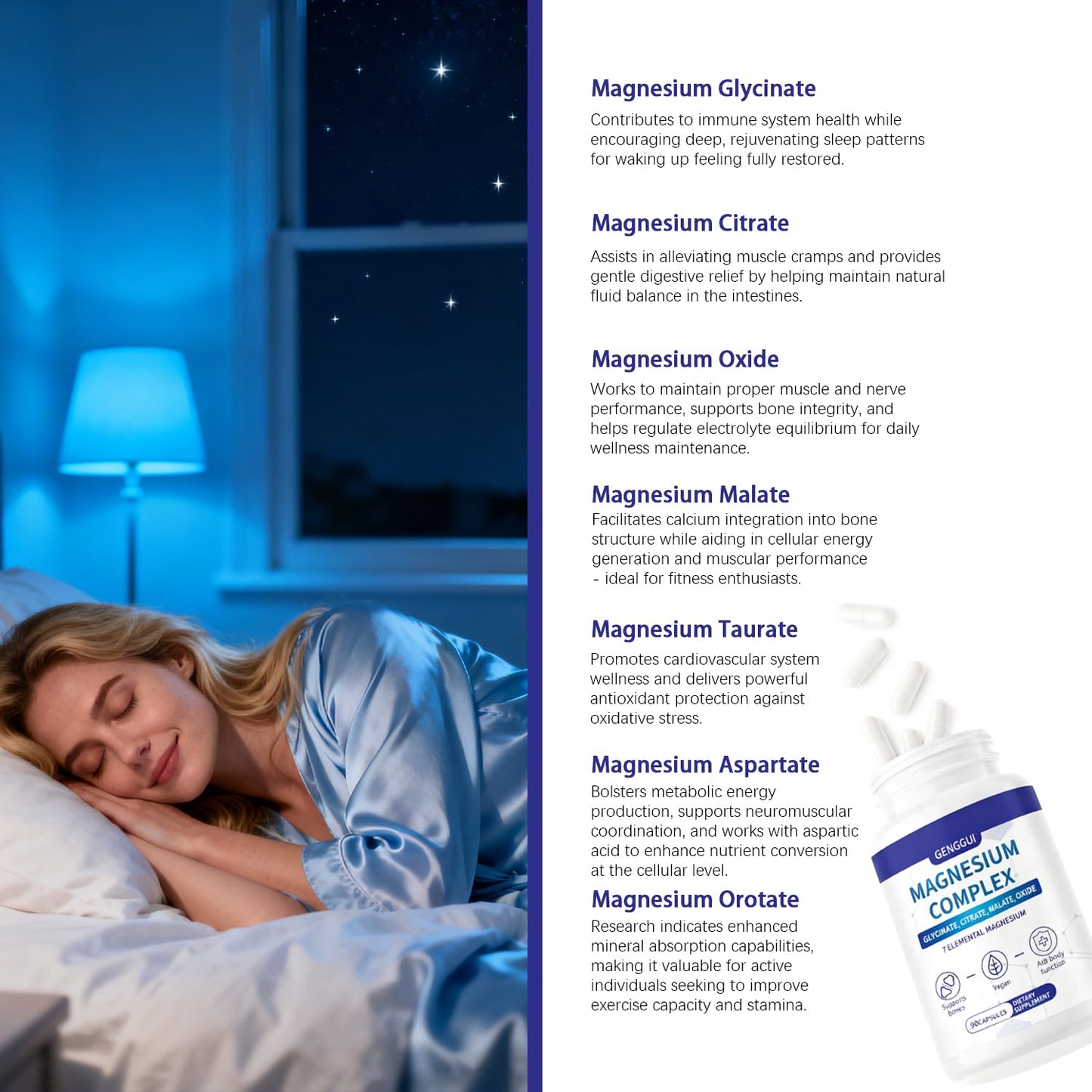 Magnesium Complex 7-Elemental – 1000mg Glycinate, Citrate & Malate | 90 Vegan Capsules