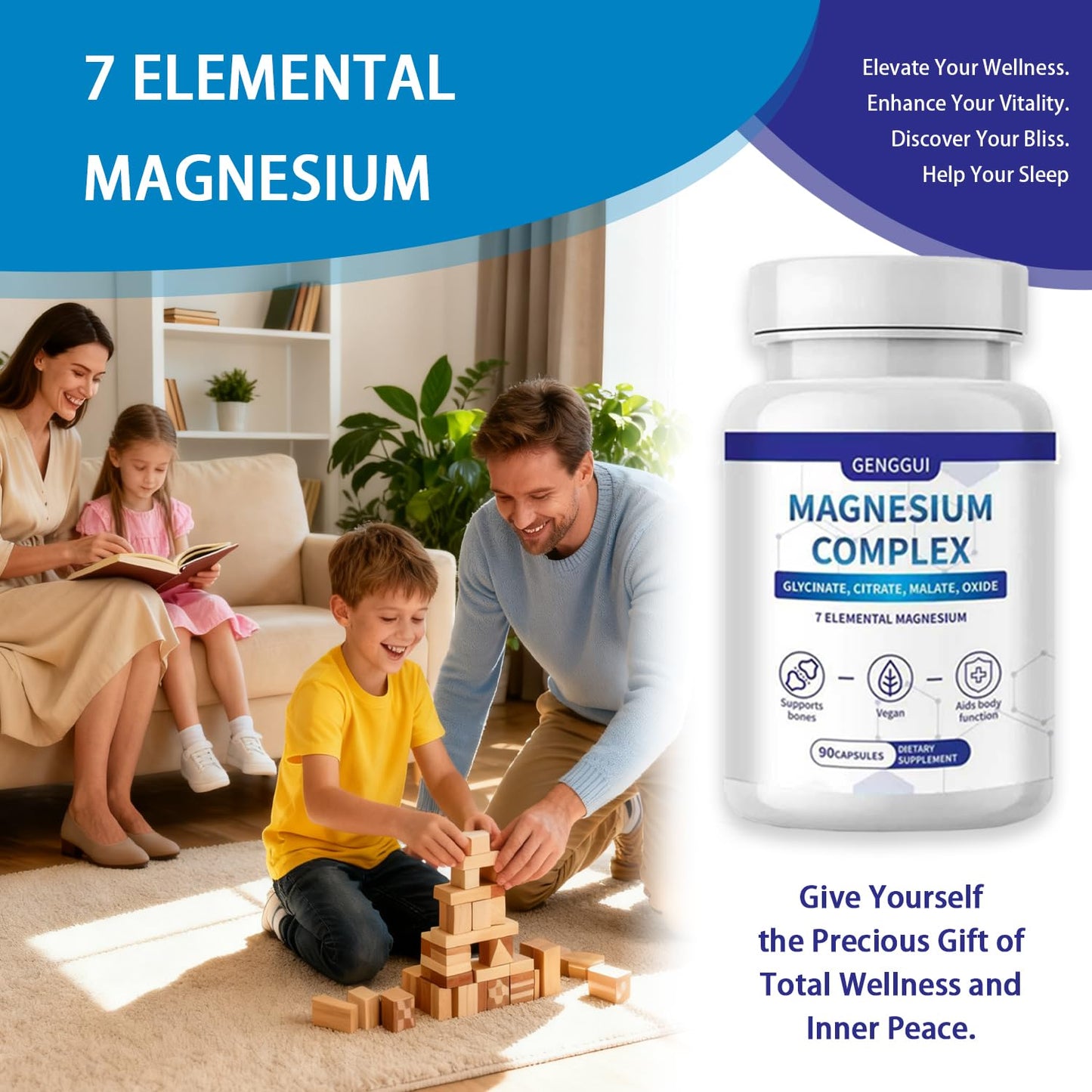 Magnesium Complex 7-Elemental – 1000mg Glycinate, Citrate & Malate | 90 Vegan Capsules
