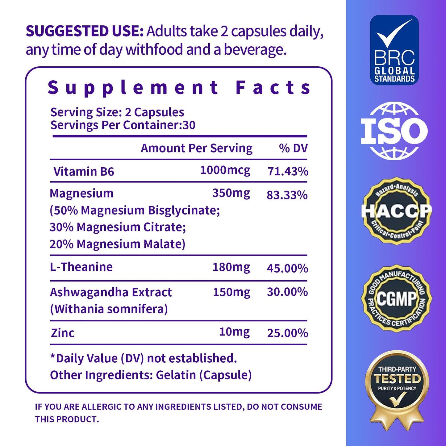 Magnesium Complex 7 in 1 with Ashwagandha & L-Theanine | High Absorption Bisglycinate, Citrate & Malate + Vitamin B6, Zinc | Support DeepCalm | Vegan, Gluten Free, 60 Servings