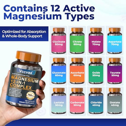Magnesium Complex 700mg – 12-in-1 Magnesium Supplement (120 Capsules)