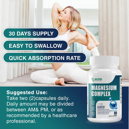 Magnesium Complex Supplement 500 mg – Glycinate, Citrate, Malate, Taurate + B6 | Bone, Heart, Muscle & Nervous System Support | 60 Capsules