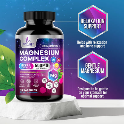 Magnesium Complex 500 mg – 5-in-1 High Absorption Chelated Magnesium Glycinate, Malate, Citrate, Oxide & Aquamin | Non-GMO, 60 Capsules