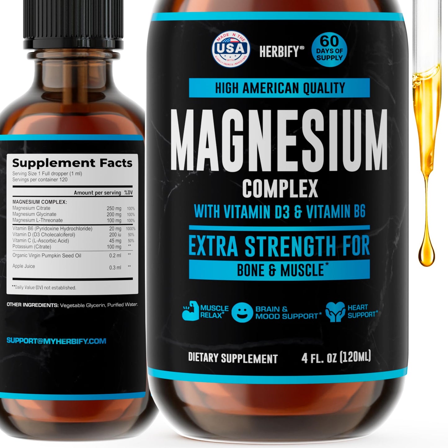 Magnesium Complex Drops - Magnesium Glycinate, Citrate & L-Threonate with Vitamin D, B6 & C | Potassium for Muscle, Mood, Heart & Nerve Support – Made in USA – 4 oz