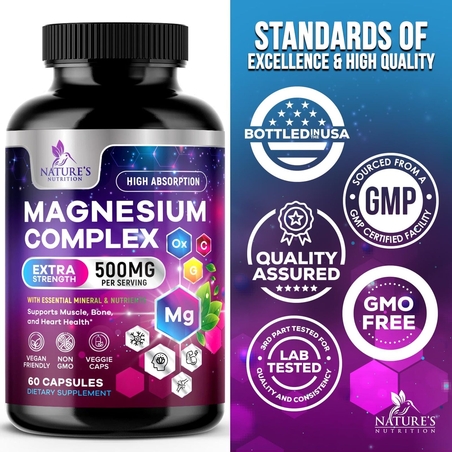 Magnesium Complex 500 mg – 5-in-1 High Absorption Chelated Magnesium Glycinate, Malate, Citrate, Oxide & Aquamin | Non-GMO, 60 Capsules