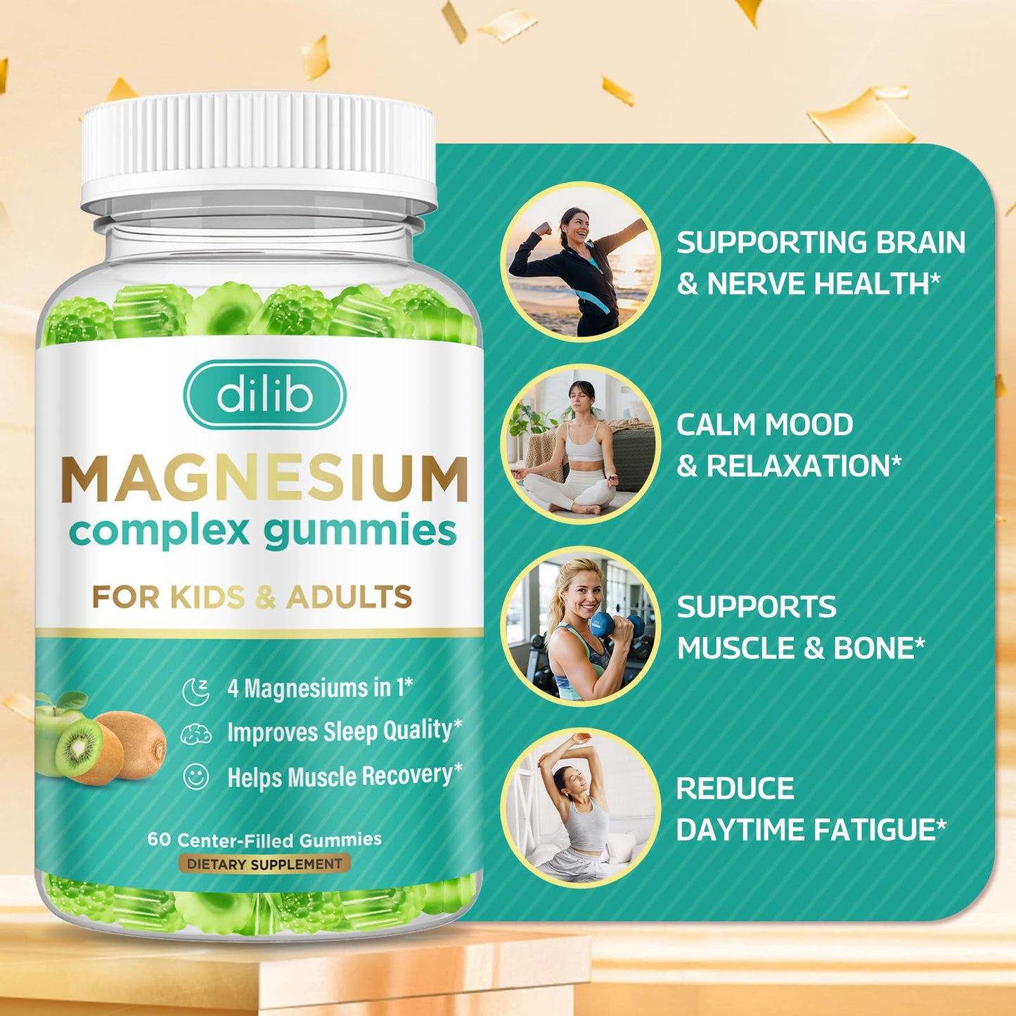 Magnesium Complex Gummies for Kids & Adults | Vegan 60 Gummies - Glycinate, Taurate, Citrate & Malate